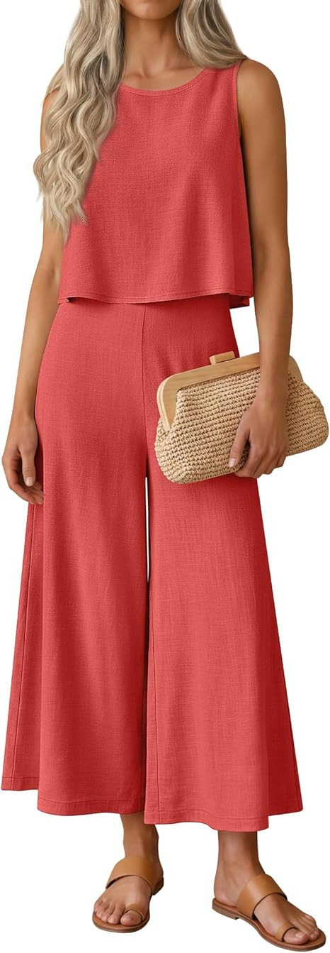 Womens 2 Piece Linen Outfits Crew Neck Sleeveless Crop Tank Top Wide Leg Capri Pants Basic Summer... | Amazon (US)