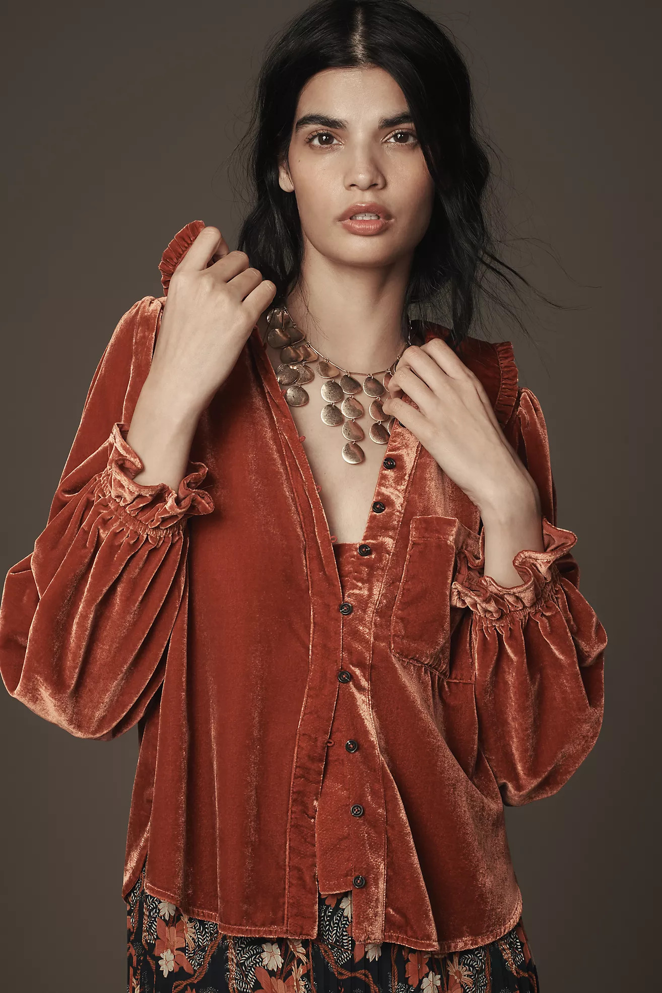 The Keira Collared Button-Front Blouse by Pilcro: Long-Sleeve Velvet Edition | Anthropologie (US)