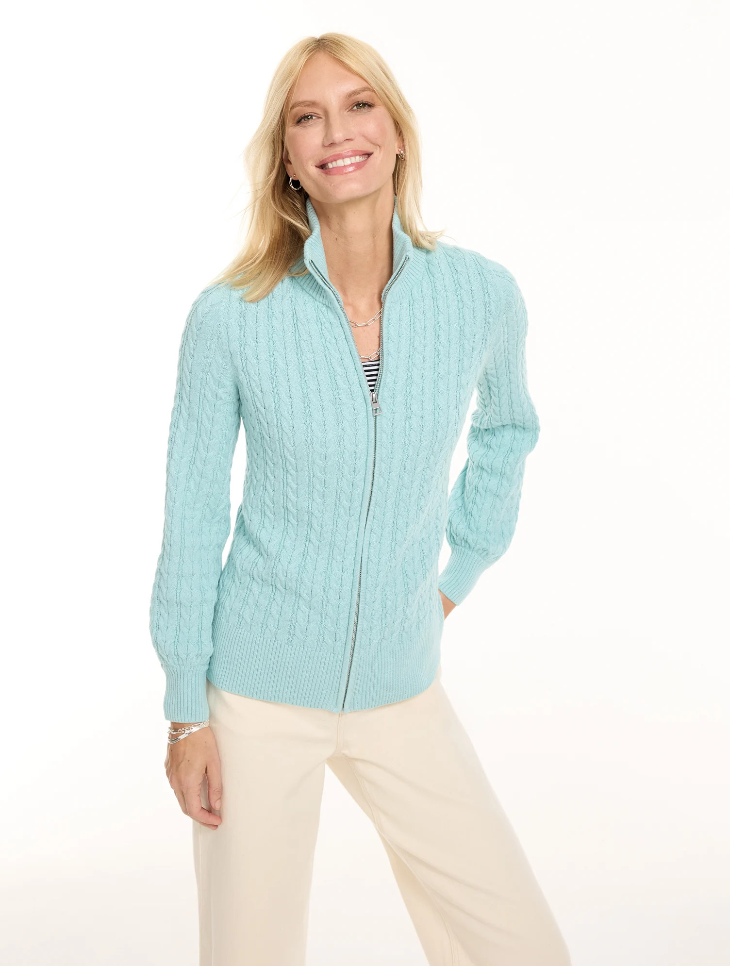 Petite - Cable Knit Full-Zip Cardigan Sweater - Ivory - 2XS Talbots | Talbots