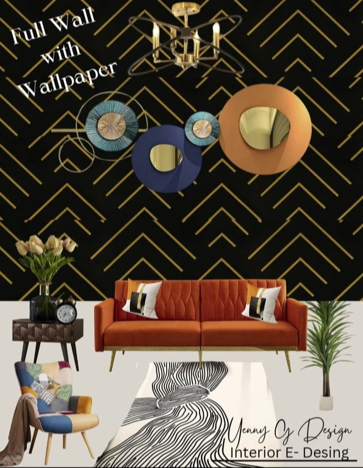 ✨  Four years ago, I created this stunning feature wall featuring a chic wallpaper with a striking geometric pattern. The deep black background enhances the gold accents, creating a dramatic yet elegant atmosphere. The vibrant circular wall decor adds a playful touch, while the warm orange sofa invites comfort and style. Complemented by a stylish rug and modern lighting, this design balances sophistication with a contemporary flair.Swipe to see how this project came together and get inspired to elevate your own interiors! #InteriorDesign #HomeDecor #WallArt #DesignInspiration #LTKhome #mypinteres 

#LTKHome #LTKvlog #LTKMens