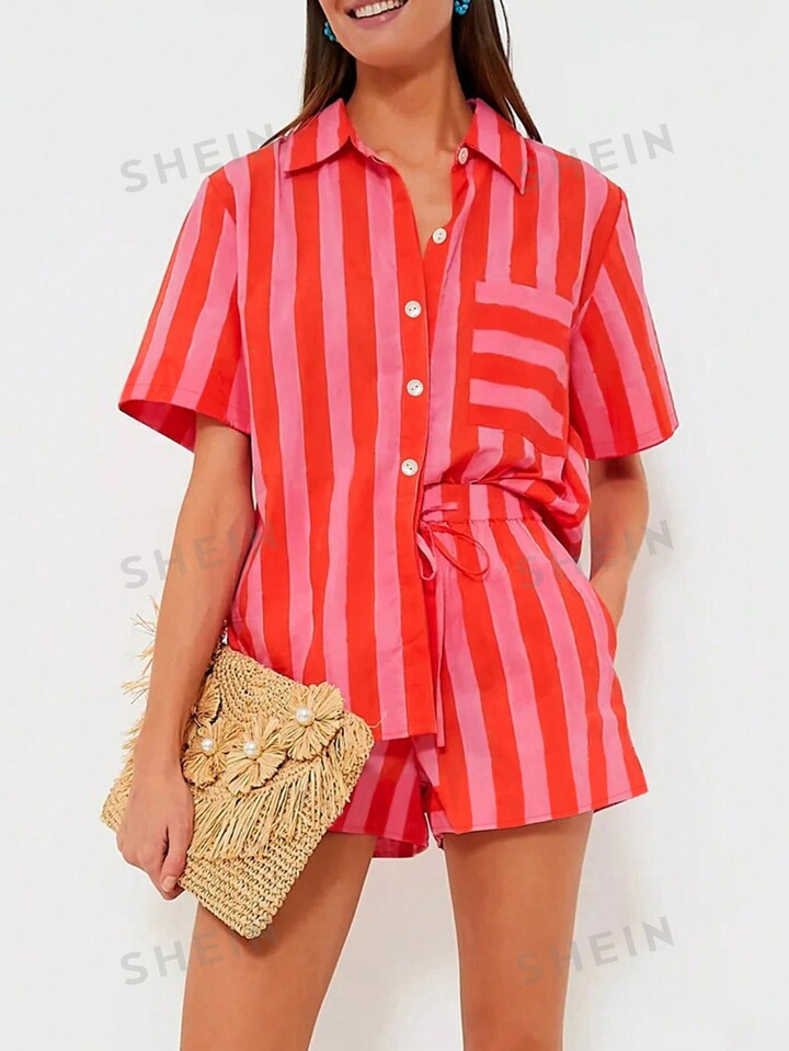 SHEIN Slayr Women's Striped Pattern, Simple And Stylish Everyday Outfit, 2pcs/Set, Women Two Piec... | SHEIN