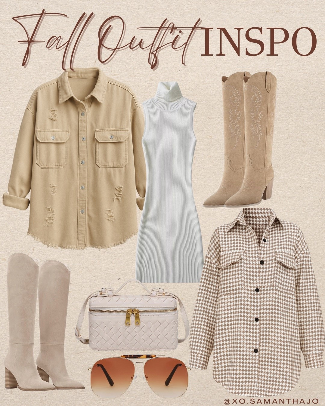 fall outfit inspo, fall fashion, neutral outfit, cozy fall look, autumn outfit, shacket outfit, plaid shacket, houndstooth jacket, oversized shacket, flannel jacket, khaki shacket, ribbed sweater dress, turtleneck dress, cream dress, knit dress, fall dress outfit, knee-high boots, suede boots, western boots, tall boots, neutral boots, beige boots, quilted crossbody bag, woven handbag, ivory purse, fall accessories, gold jewelry, fall sunglasses, aviator sunglasses, fall neutrals, capsule wardrobe, country chic, fall layering, trendy fall outfits, affordable fall fashion, fall outfit ideas, Amazon outfits 

#LTKSeasonal #LTKStyleTip #LTKFindsUnder100