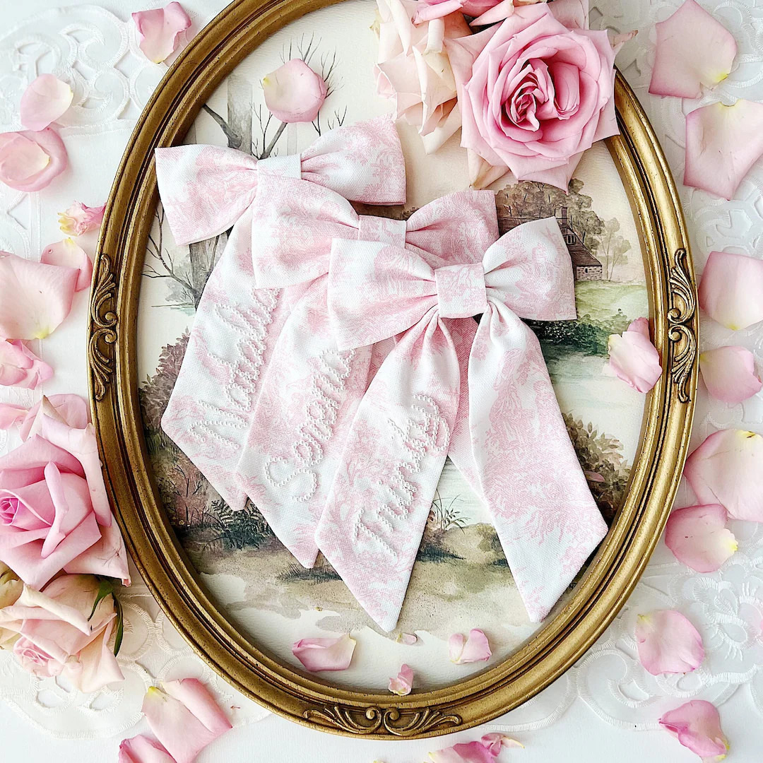 Pink Toile Sailor Pearl Custom Name Personalized Bow Bridal French Hair Clip - Etsy | Etsy (US)