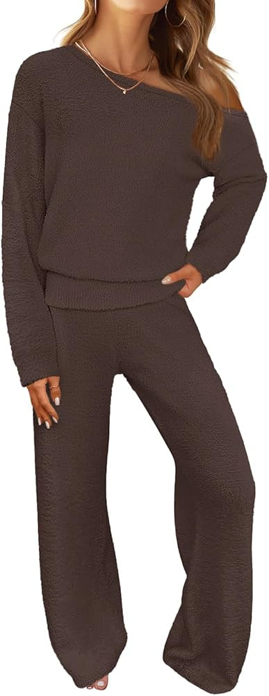 MEROKEETY Women's Fall Pajama Set Fuzzy Fleece 2 Piece Loungewear Off Shoulder Sweater Tops Wide ... | Amazon (US)