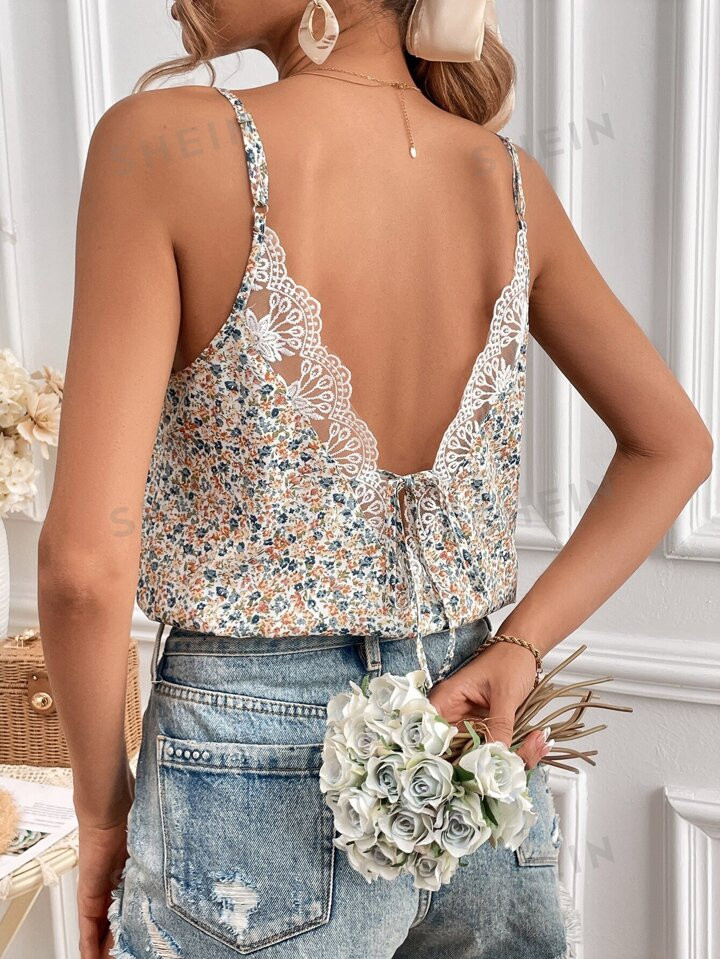 SHEIN Frenchy Ditsy Floral Print Embroidery Mesh Tie Backless Cami Top | SHEIN