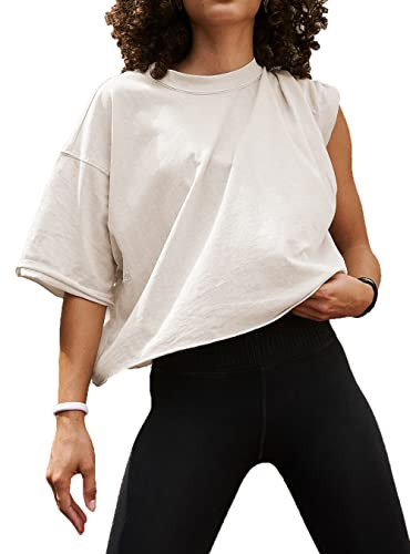 Active Drop Shoulder Round Neck Y2K Crop Tops Baggy Women Half Sleeve Cropped T Shirts for Women Casual Summer Yoga Tops Solid Color Basic Tees Ribbed Trendy Stretch Running Women Shirts Ivory L | Amazon (US)