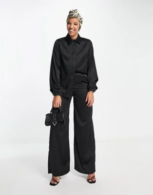 Flounce London modest palazzo trouser and top co-ord in black satin | ASOS (Global)