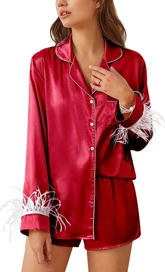 Ekouaer Women's Feather Trim Silk Satin Pajamas Button Down Lounge Sets Soft Long Sleeve Sleepwea... | Amazon (US)