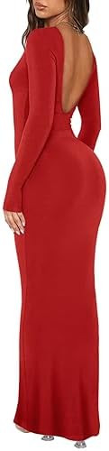 REORIA Womens Sexy V Backless Soft Lounge Long Dress Fall Casual Boat Neck Long Sleeve Ribbed Bod... | Amazon (US)
