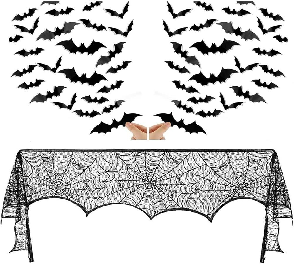 Comtraker Halloween Fireplace Mantle Decorations, Black Lace Spiderweb Mantel Scarf Cover Garland... | Amazon (US)