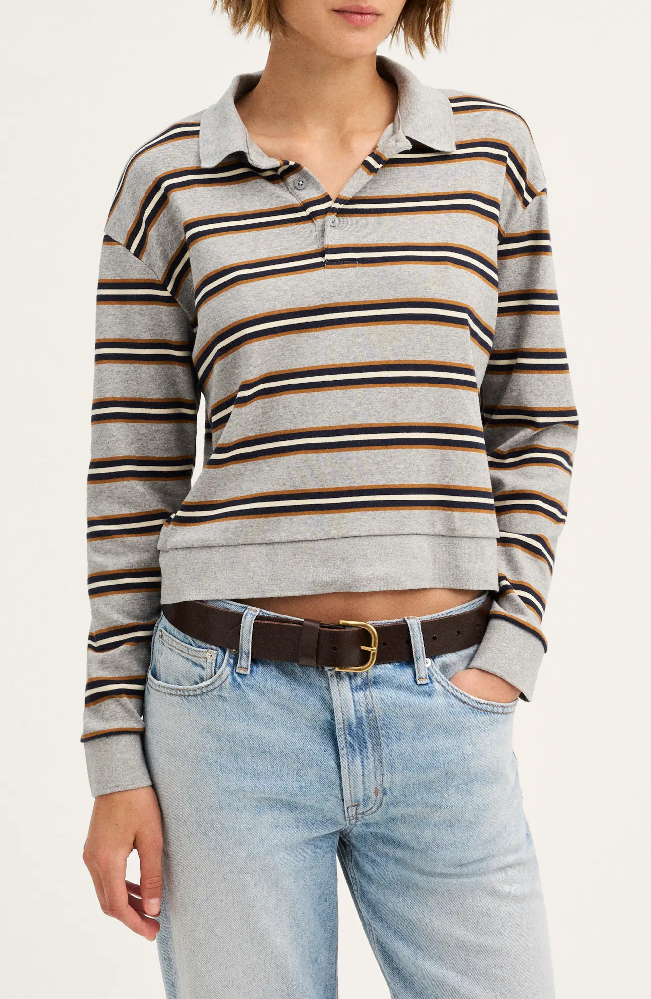 Madewell The Long Sleeve Cotton Polo in Heather Stripe at Nordstrom, Size Small | Nordstrom