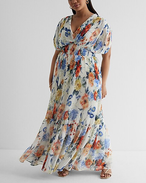 Floral Draped Sleeve Pleated Maxi Dress | Express