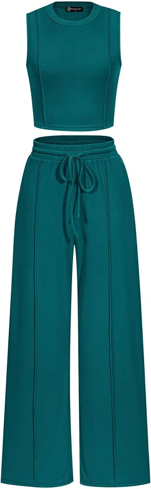 PRETTYGARDEN Women's Summer 2 Piece Loungewear Set Cropped Tank Top Wide Leg Sweatpants Tracksuit... | Amazon (US)