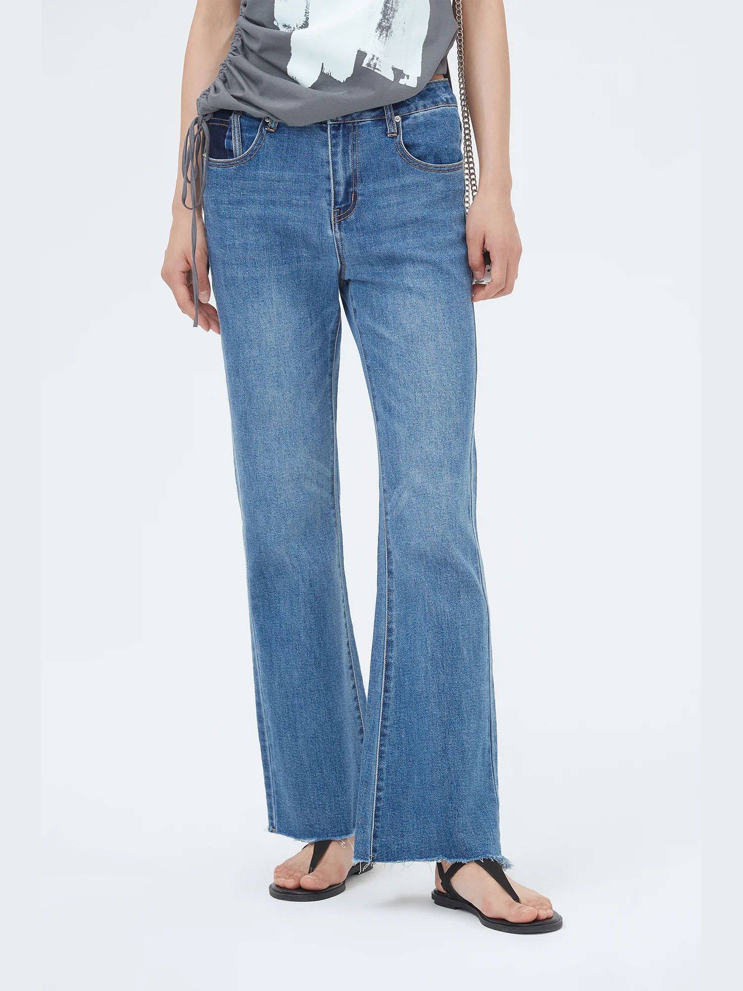 Water-washed Frayed Flare Jeans | SDEER