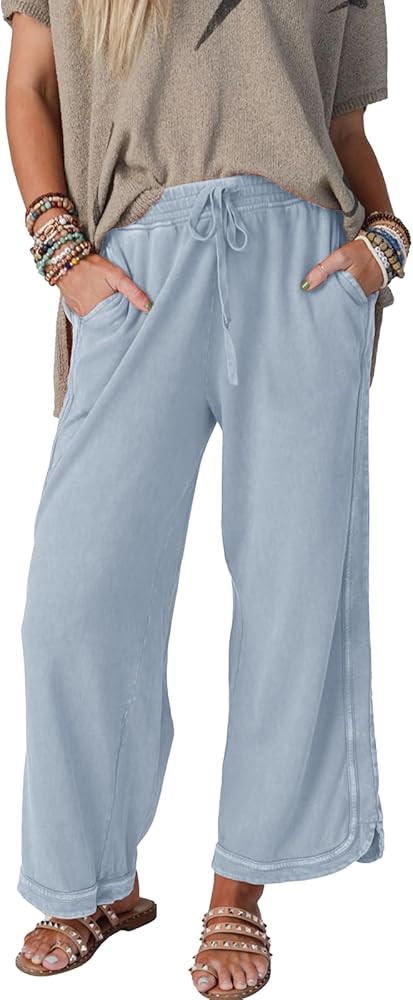 Womens Wide Leg Pants Casual High Waisted Palazzo Pants Lightweight Summer Flowy Beach Pants with... | Amazon (US)