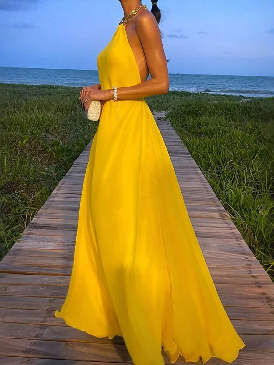 INAWLY Women's Fashion Casual Elegant Sexy Romantic Backless Halter Yellow Sleeveless Dress | SHEIN