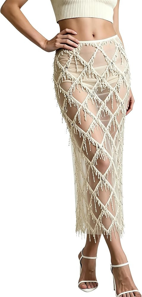 AXX Womens Sequin Fringe Midi Skirt Sheer Mesh Tassel Skirt | Amazon (US)