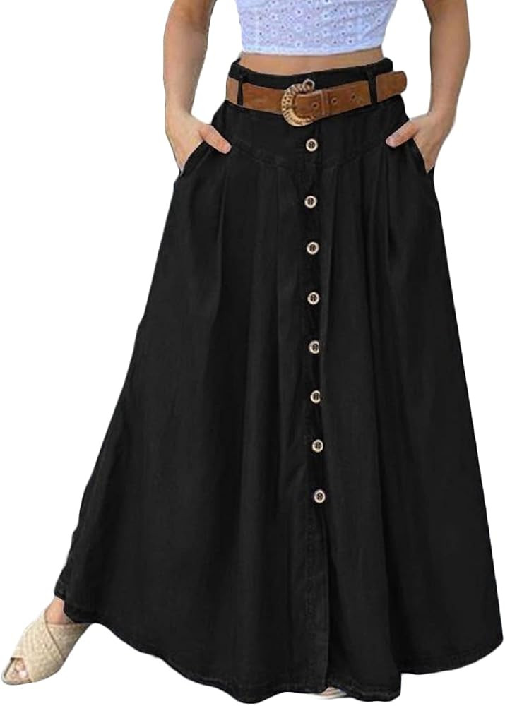 CHARTOU Women's Summer High Waist Front Button Flared Swing Maxi Long Skirt with Belt | Amazon (US)