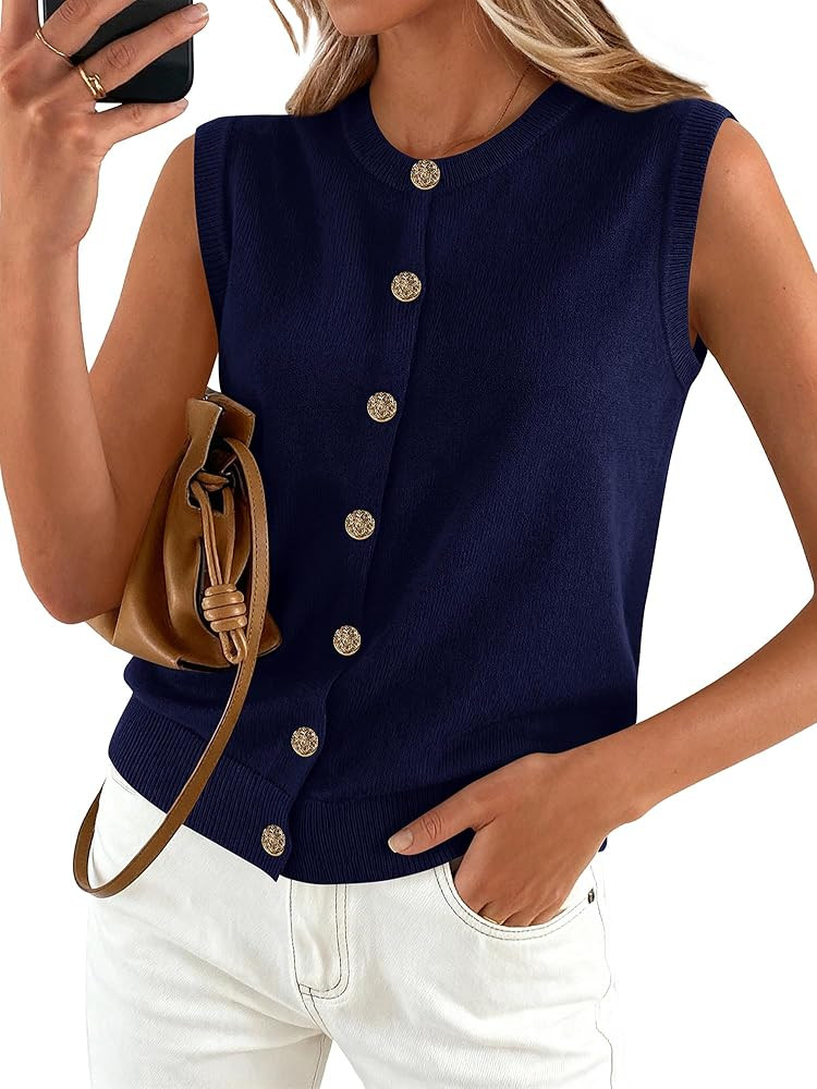 BTFBM Sweater Vest Women Casual Crewneck Loose Button Down Knit Sleeveless Cardigan 2026 Spring C... | Amazon (US)