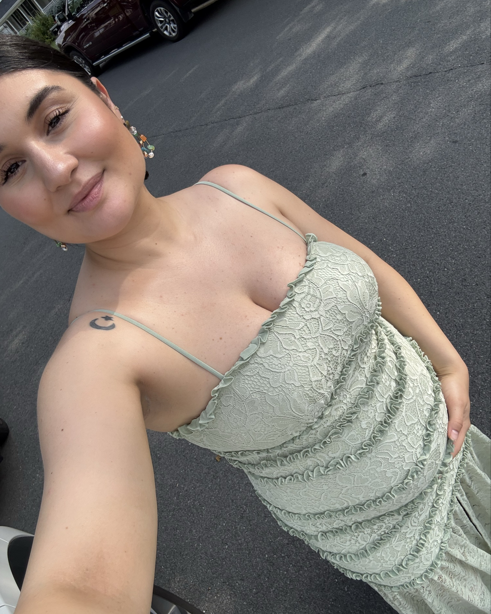 Bhldn Zoe stretch lace midi dress, wearing size M 4 months pregnant. 
Rented on Nuuly 
Linked a few dresses of similar vibe

#LTKBump