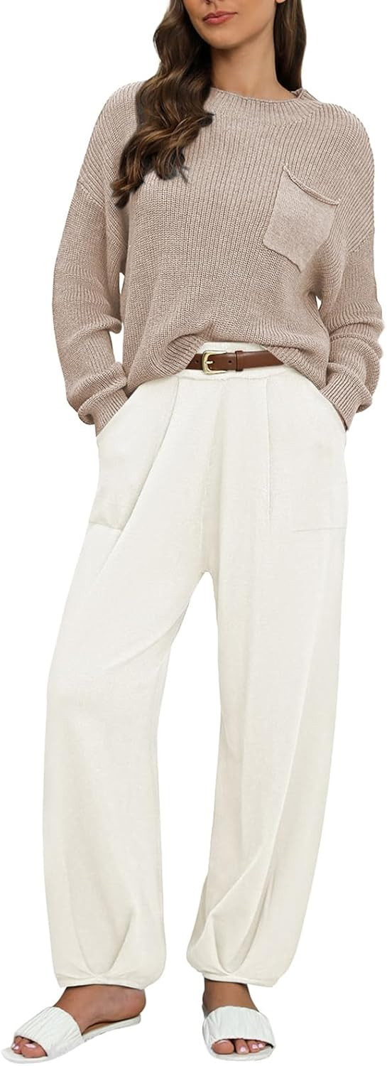 Pink Queen Women's 2023 Fall 2 Piece Outfits Sweater Set Knit Pullover Tops and High Waisted Pant... | Amazon (US)