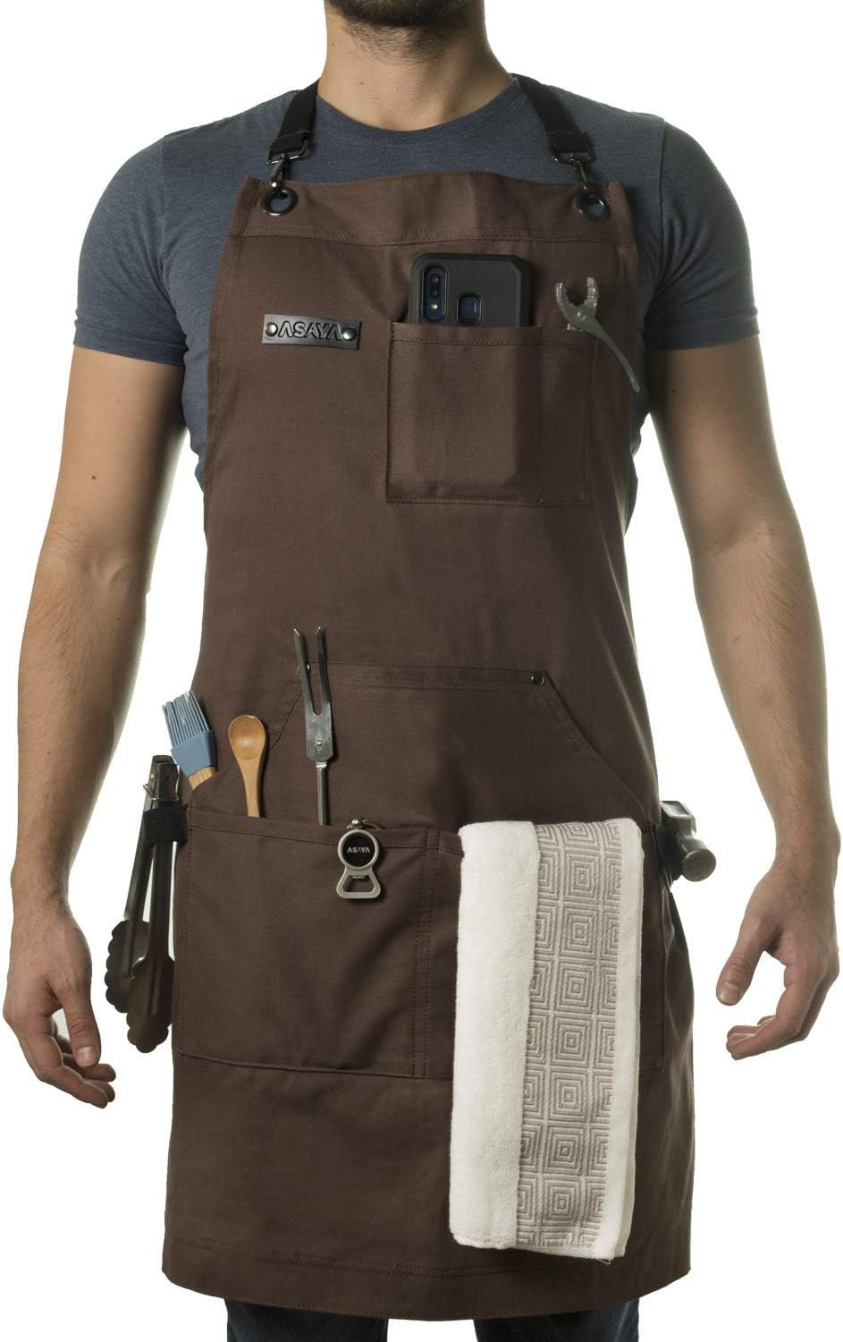 Asaya Chef, BBQ and Work Apron with Bottle Opener and Hand Towel - Durable 10oz Cotton Canvas, Br... | Amazon (US)