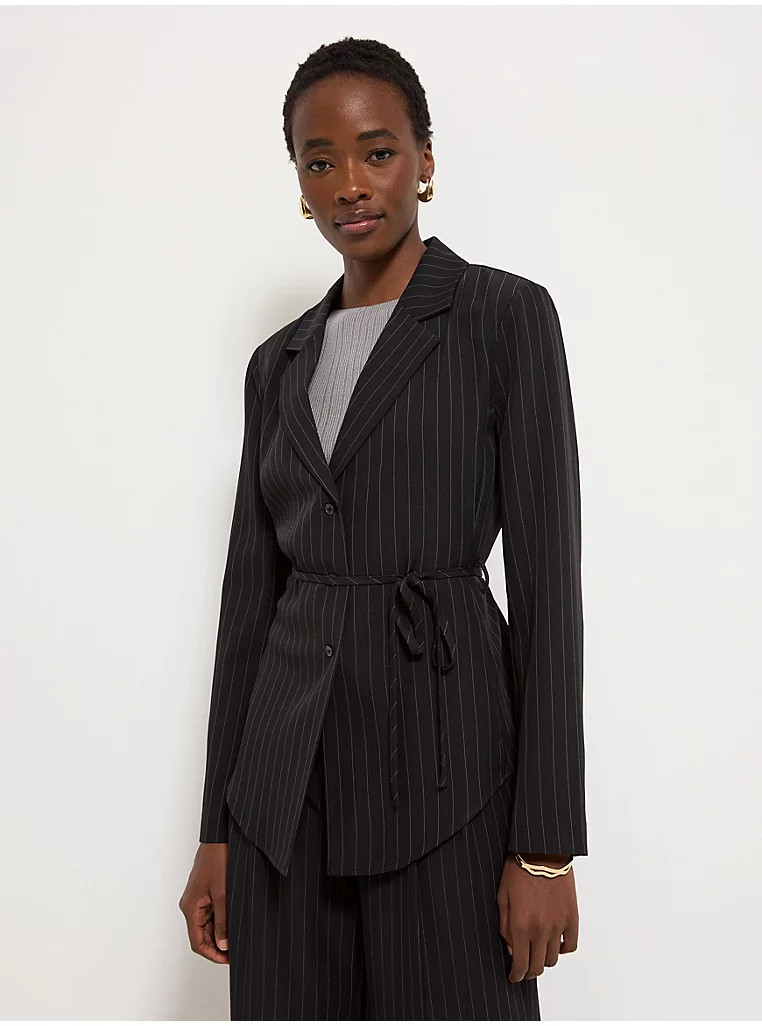 Black Pinstripe Tie Waist Tailored Blazer Shirt | George