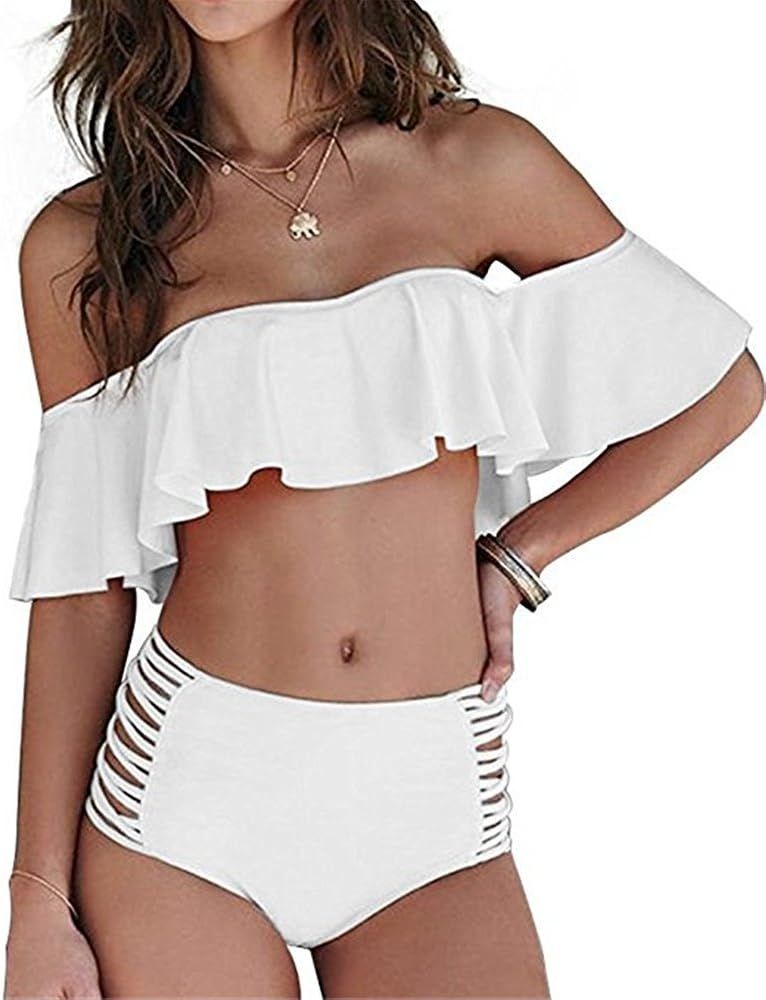 Lukitty Women's Off Shoulder Ruffles Bikini Set High Waist Swimsuit Bathing Suit | Amazon (US)