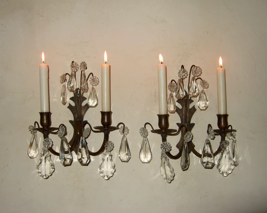 PAIR Antique French Bronze Wall Candle Sconces ,lights With Crystal Drops 2 Branch Circa 1920's -... | Etsy (US)