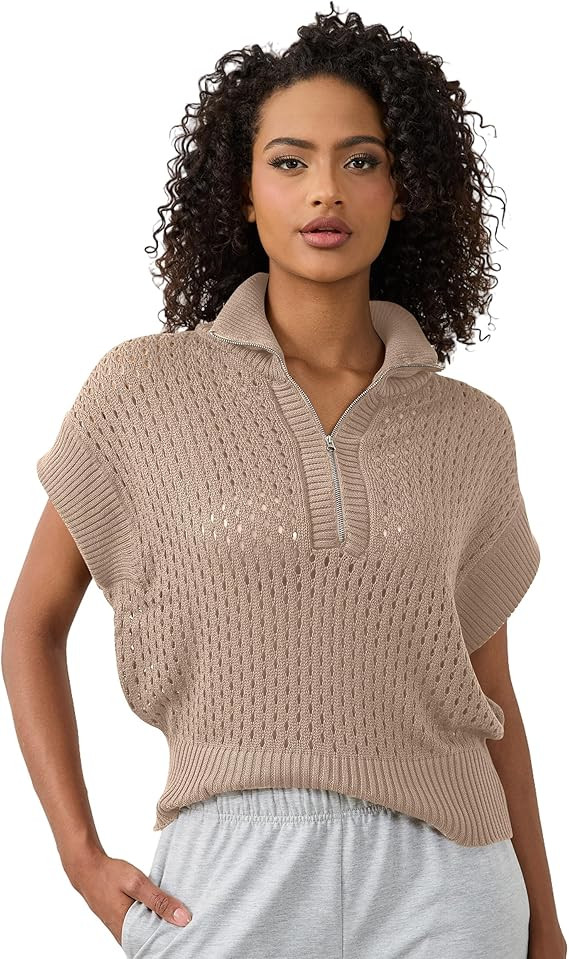 Womens Oversized Crochet Zip Sweater Vest Cap Sleeve Sweater Tops Casual Lapel Collar See Through... | Amazon (US)