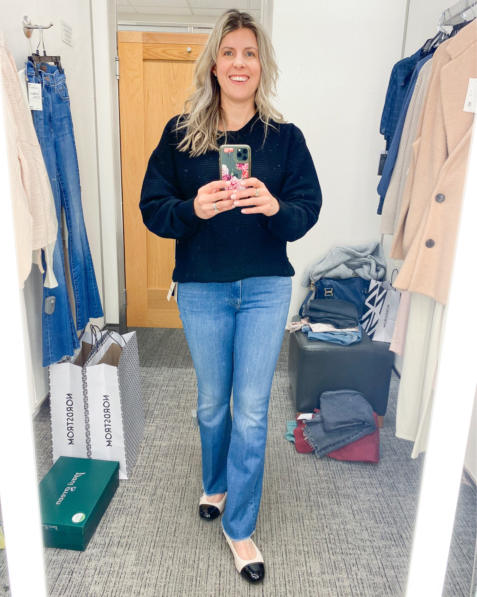 Good American Sweater, ribbed sweater, Mother jeans, flare jeans, Born flats, patent leather flats

#LTKxNSale