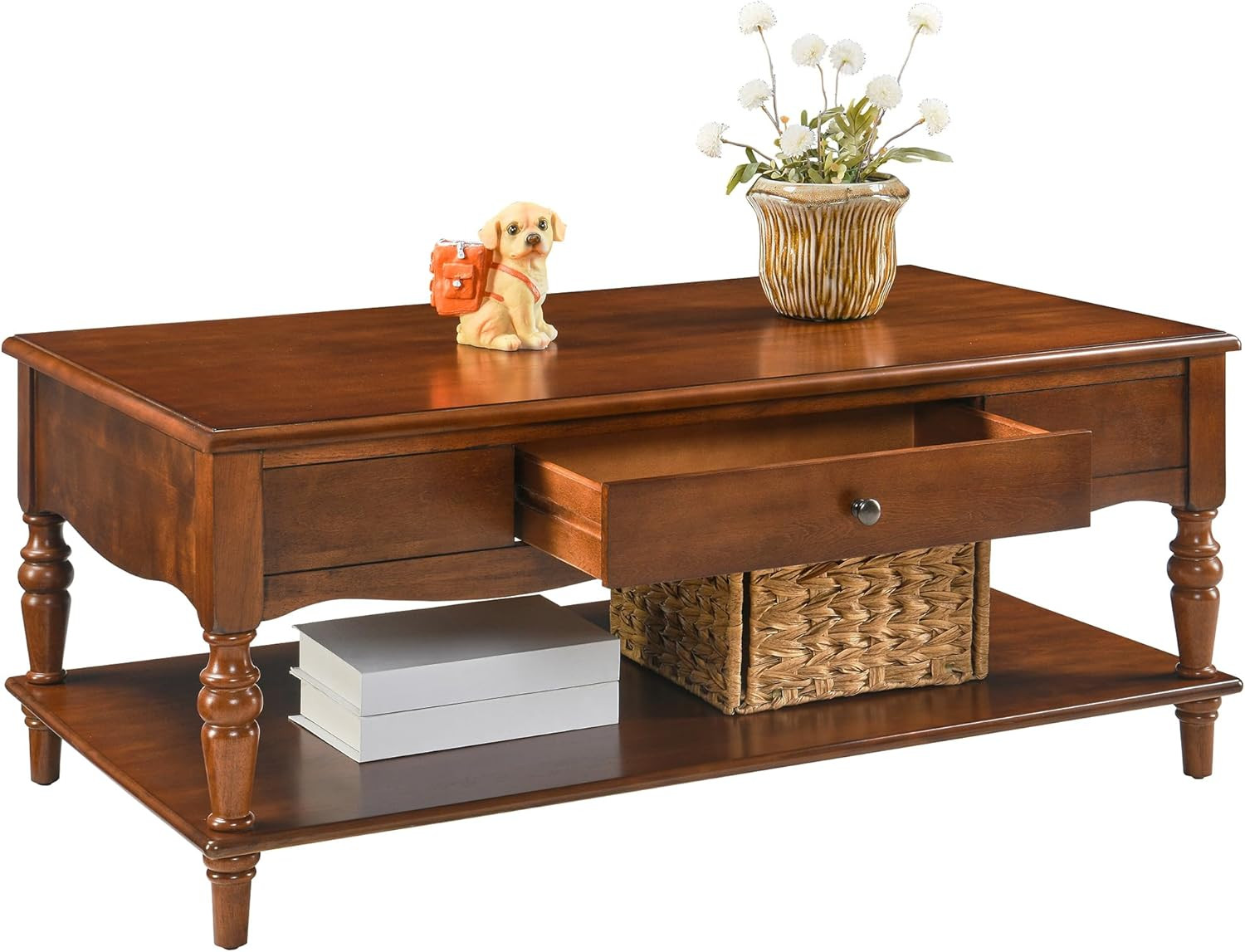 LEEMTORIG Solid Wood Coffee Table for Living Room, Cherry Wood Coffee Table Cocktail Table with Storage Shelf, Victorian Style Coffee Tables, 43.3" W x 23.6" D x 18" H, KFZ-C008-DR | Amazon (US)