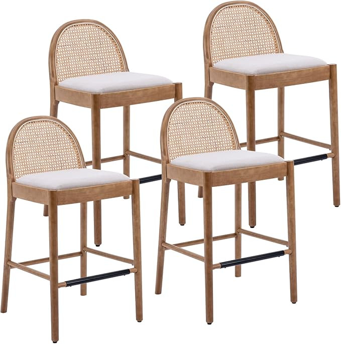 LukeAlon Modern Linen Bar Stools Set of 4, 29" Seat Height Tall Bar Chairs with Wooden Legs Natur... | Amazon (US)