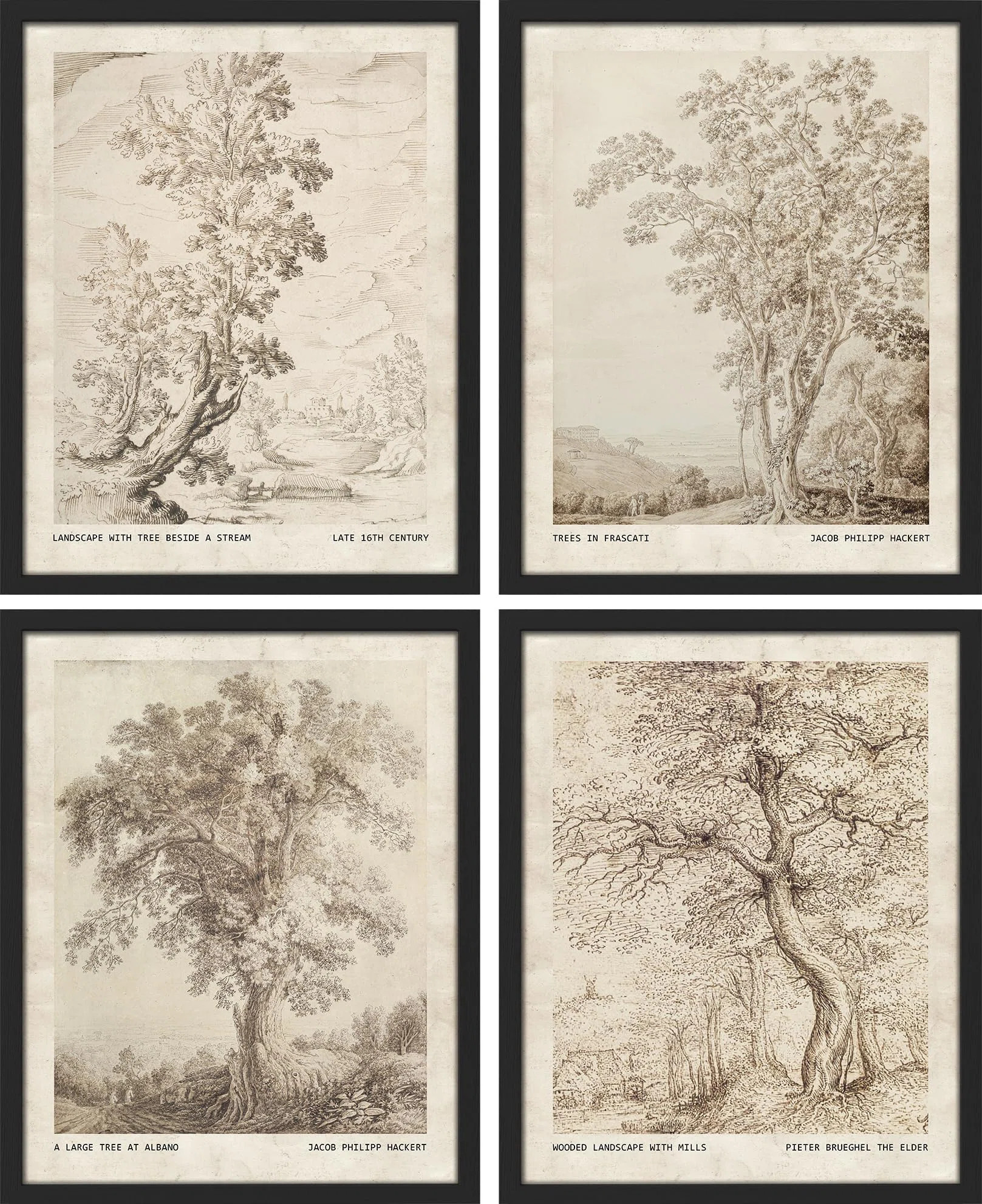 " Vintage Landscape Sketch Antique Tree " 4 - Pieces (Set of 4) | Wayfair North America