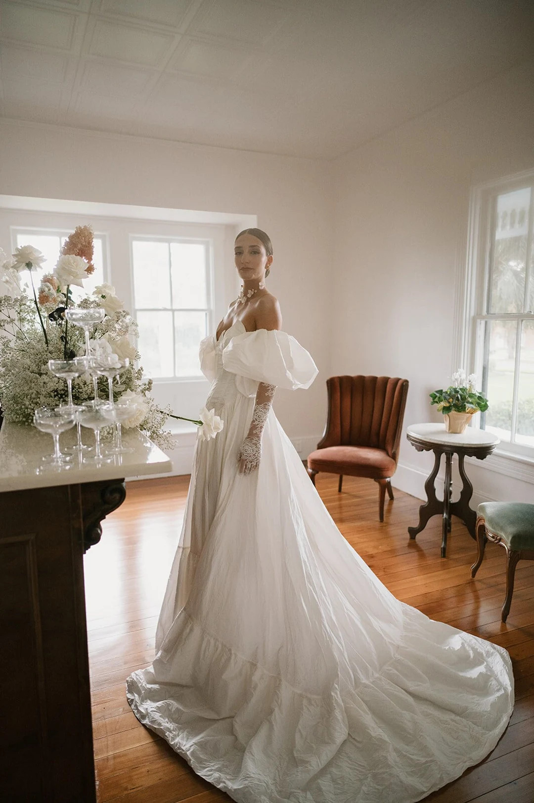 Off the Shoulder Wedding Dress With Gloves Stylish Bridal Gown Taffeta Wedding Dress Puff Sleeves... | Etsy (US)