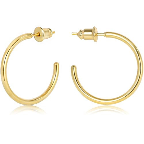 Lightweight Big Gold Hoop Earrings for Women, 14K Gold Open Huggie Hoop Earrings Hypoallergenic Large Hoop Earrings in Gold Minimalist Hoops for Women (14K Gold - 50mm (1 Pairs)) | Amazon (US)
