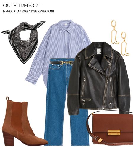 Blue shirt outfit with black leather jacket brown ankle booties and dark denim jeans

#LTKstyletip #LTKshoecrush #LTKitbag