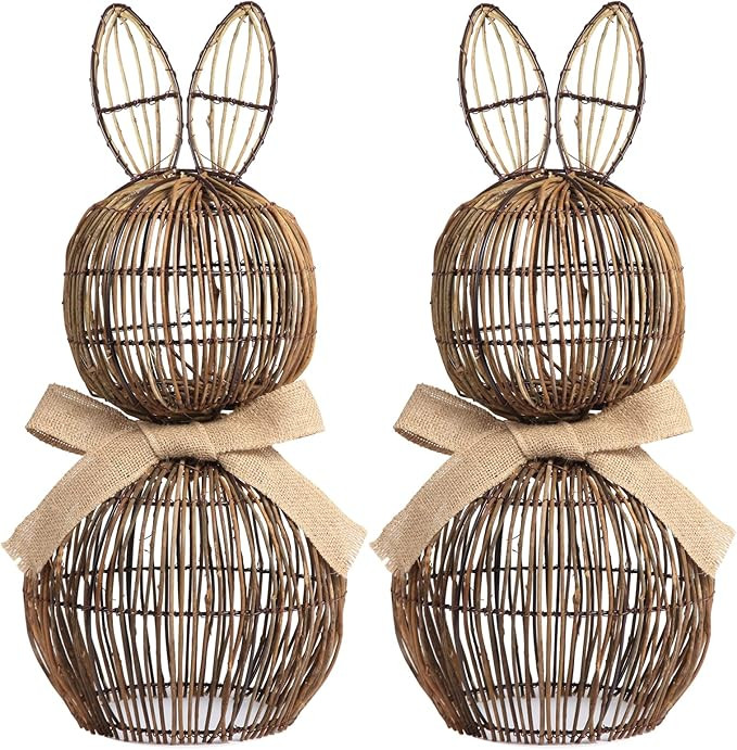 Mirok Wicker Bunny Set of 2,20'' Rattan Bunny Outdoor with Linen Bow Rattan Bunnies Topiary Bunni... | Amazon (US)