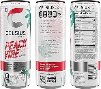 CELSIUS Sparkling Peach Vibe, Functional Essential Energy Drink 12 Fl Oz (Pack of 12) | Amazon (US)