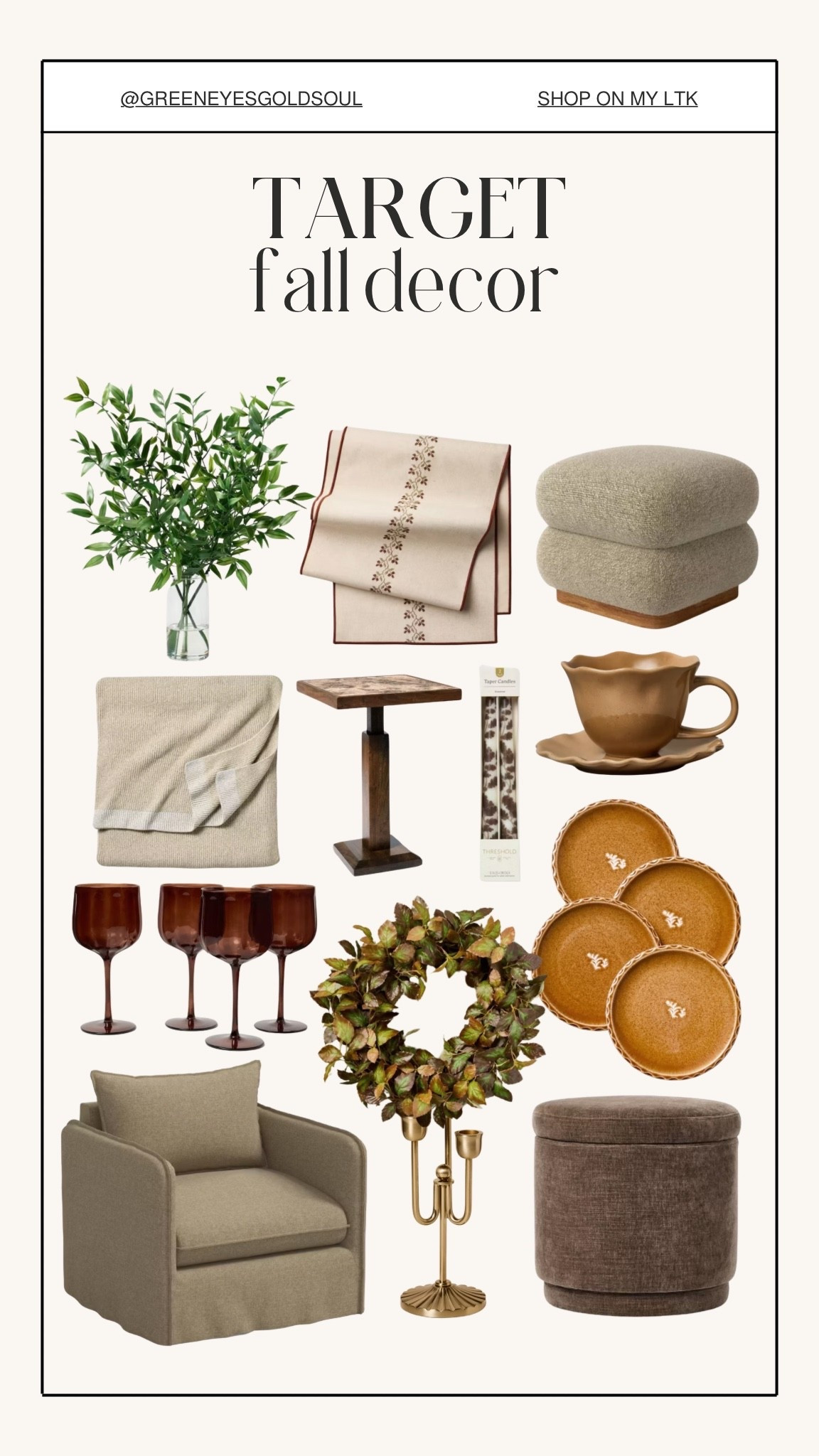 Target fall decor is so pretty right now 🍂🤎 Warm amber glass, cozy textures, seasonal greenery and rich earthy tones make these finds perfect for bringing fall into your home without going overly themed. I love how easily these pieces can mix with your everyday decor and stay out all season!

Target fall decor, Target home decor, Target fall finds, fall home decor, fall decor 2026, Target home finds, fall decorating ideas, cozy fall decor, neutral fall decor, autumn home decor, fall living room decor, fall dining room decor, fall table decor, fall wreath, fall greenery, amber glassware, fall dinnerware, fall throw blanket, fall furniture, accent chair, storage ottoman, fall candles, affordable fall decor

#TargetHome #TargetFinds #FallDecor #FallHome #TargetDecor #AutumnDecor

#LTKHome #LTKSeasonal