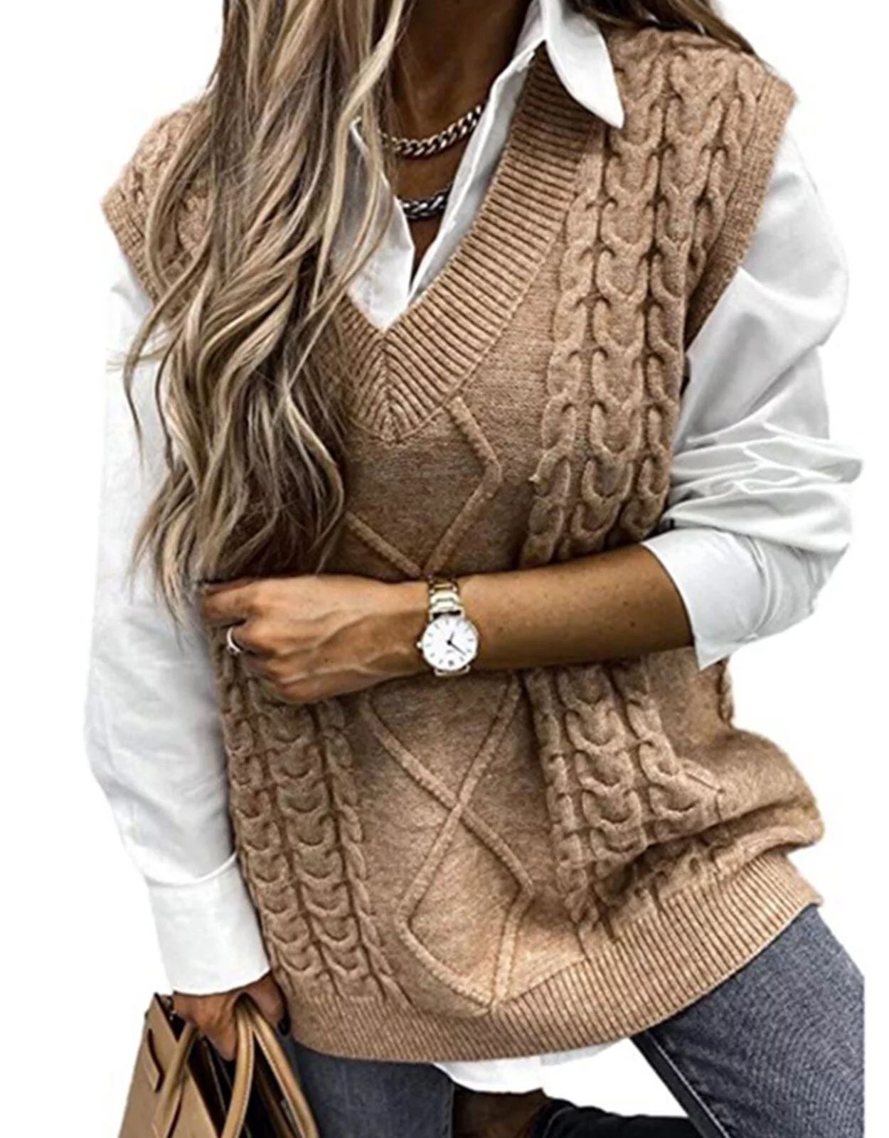 Women Sweater Vest Casual Sleeveless V Neck Cable Knitted Sweaters Pullover Sweater Tops Alsol La... | Walmart (US)