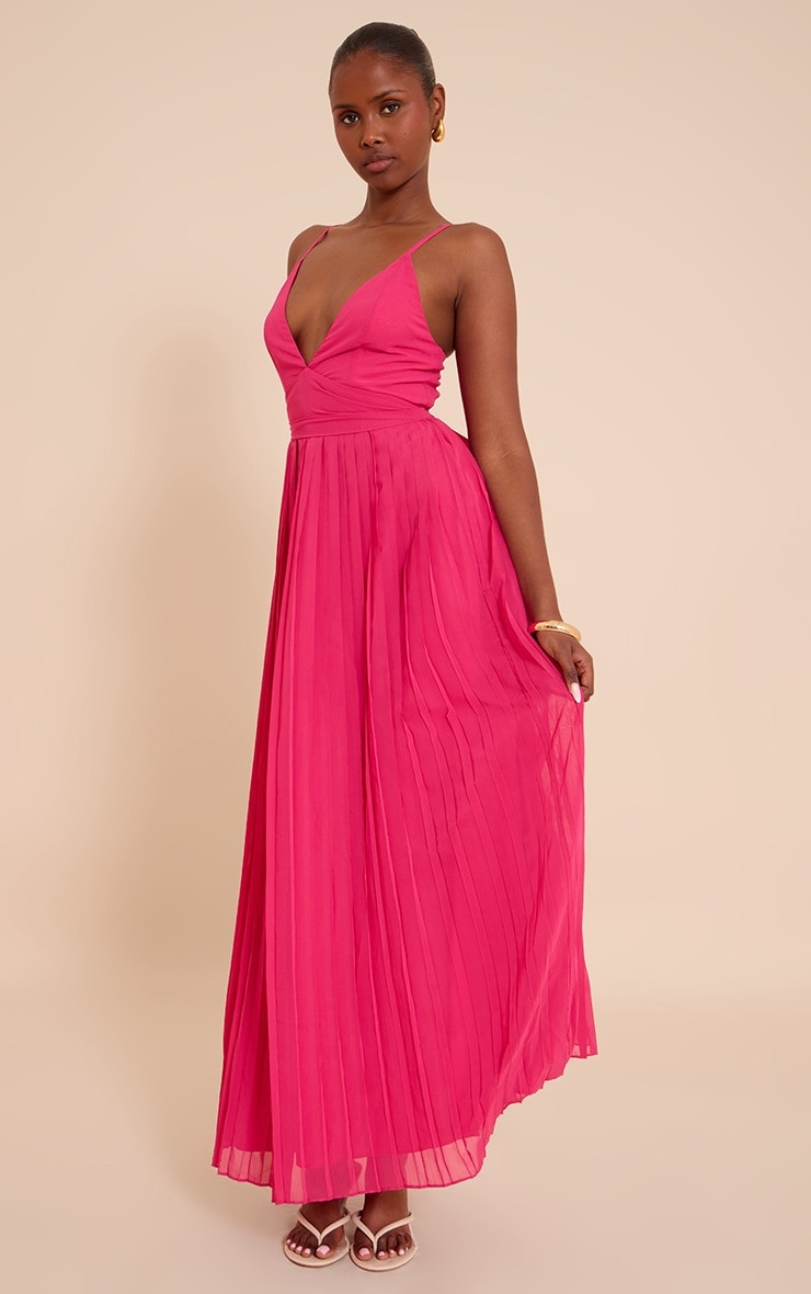 Fuschia Chiffon Strappy Pleated Belt Detail Maxi Dress | PrettyLittleThing US