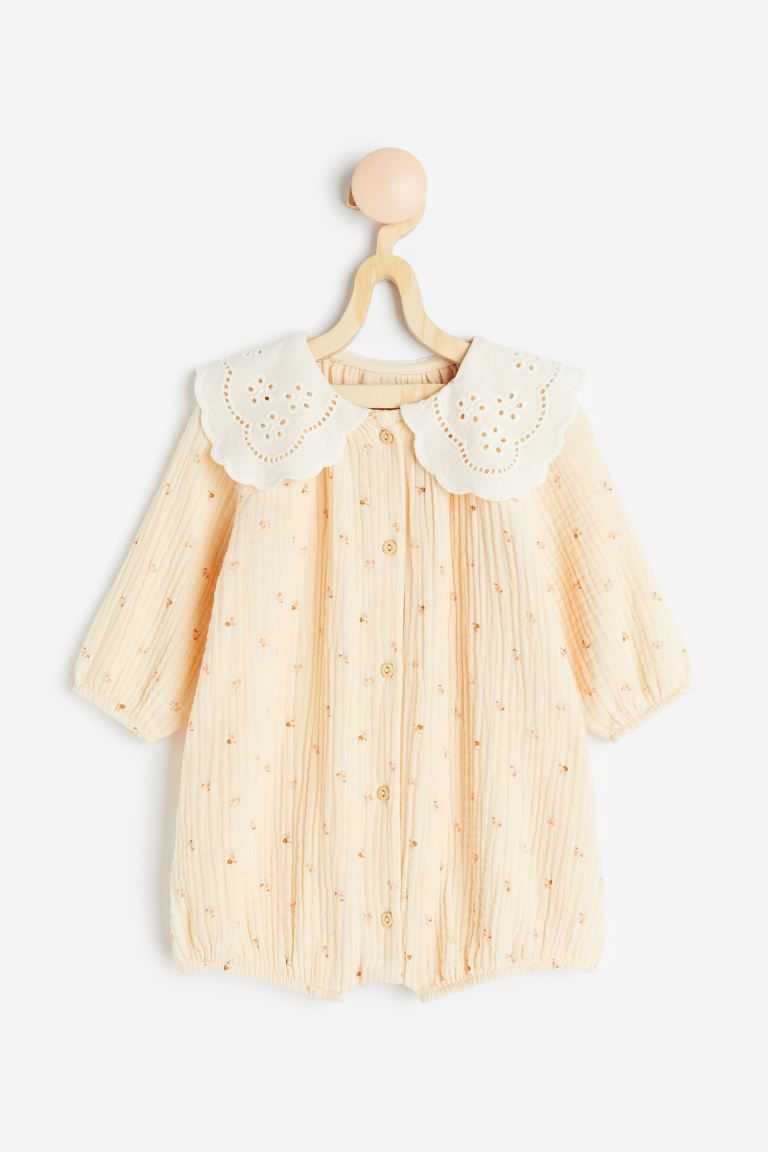 Romper Suit with Eyelet-embroidered Collar - Light beige/small flowers - Kids | H&M US | H&M (US + CA)