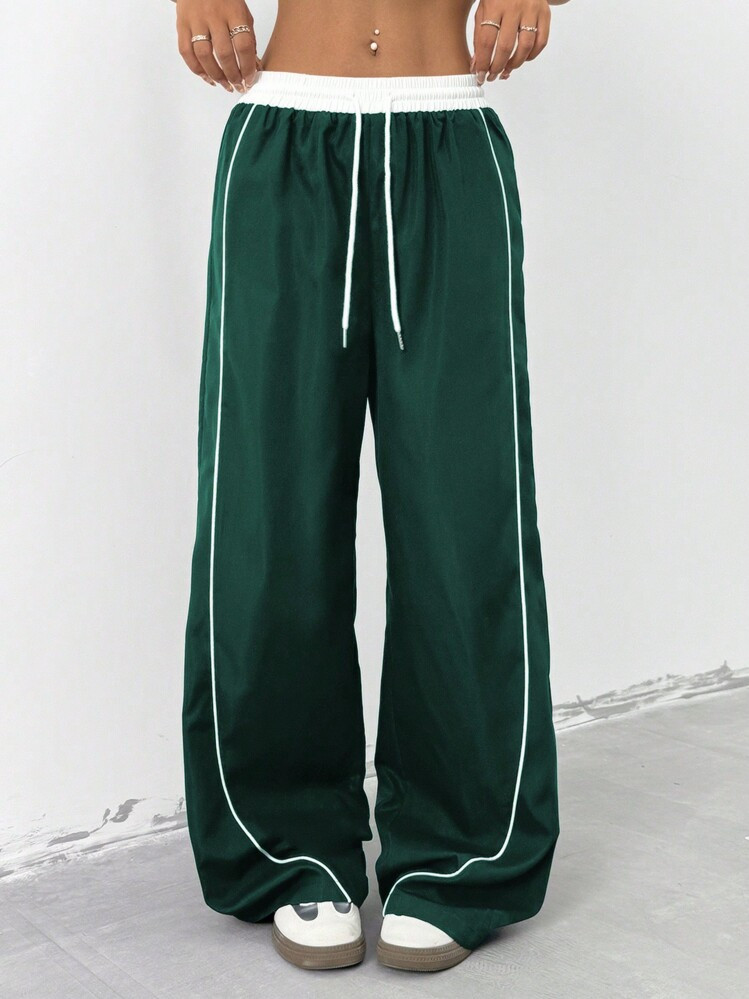 StreetHx Women's Solid Color Patchwork Front Tie Waist Casual Pants, Minimalist Design For Everyday Wear Fall Cloth For Women | SHEIN