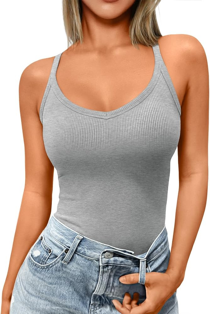 Trendy Queen Womens Ribbed Tank Tops Racerback Summer Basic Camisole V Neck Going Out Slim Fit Fa... | Amazon (US)