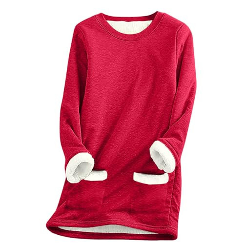 Oversized Sweatshirt for Women Sherpa Fleece Pullover Fuzzy Crewneck Sweatshirts Winter Warm Long Sleeve Shirts with Pockets Soft Over Sized Cozy Sweaters Thermal Loungwear Winter Clothing Y2k Red | Amazon (US)