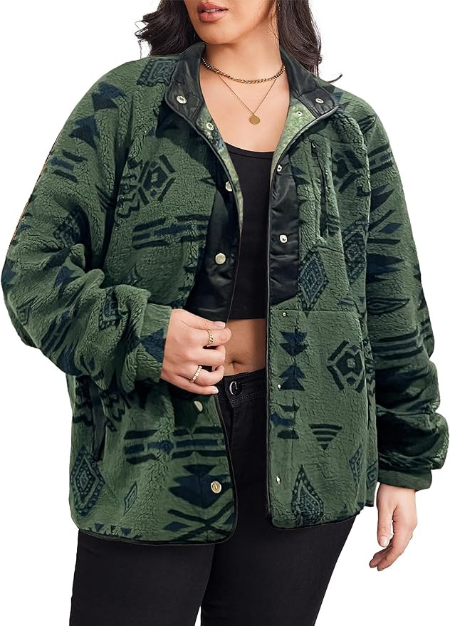 IN'VOLAND Plus Size Womens Fleece Jacket Western Aztec Print Long Sleeve Snap Button Down Shacket... | Amazon (US)