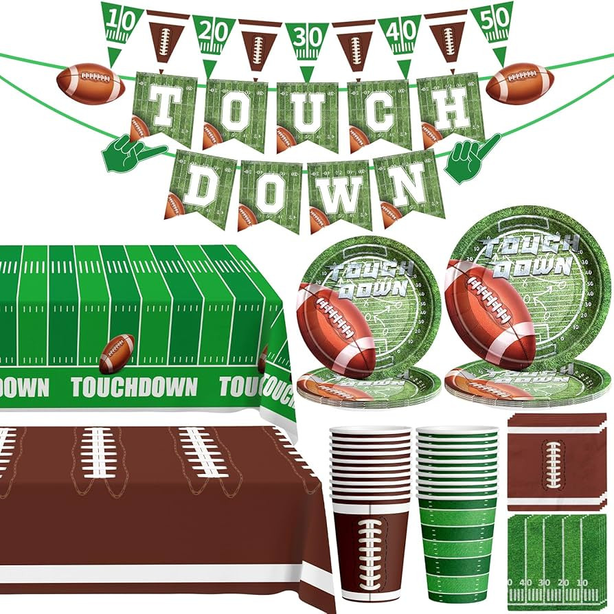 Football Party Decorations - 100 Pcs Party Supplies Serve 24, Touch Down Banner, Plates, Tableclo... | Amazon (US)