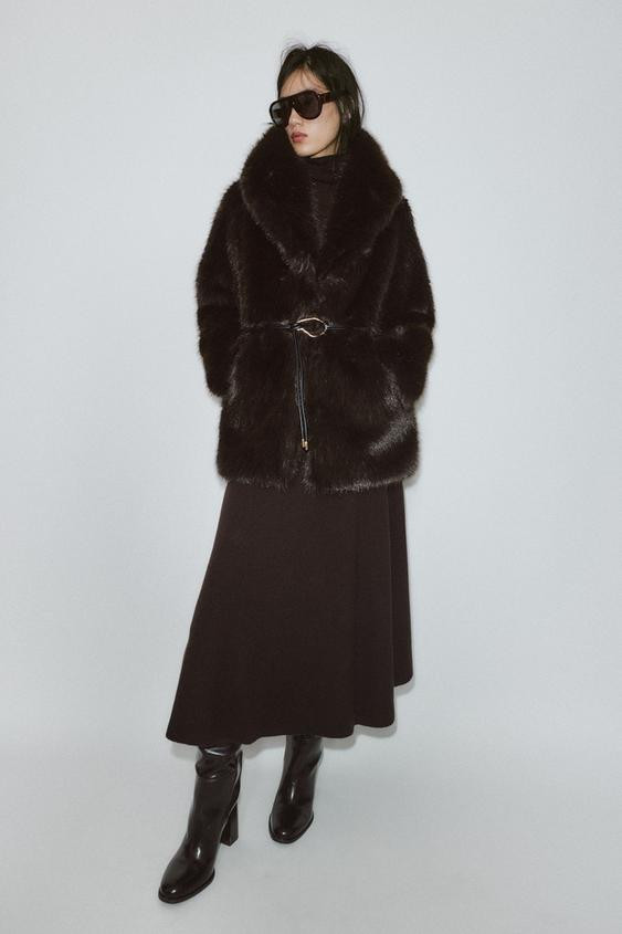 FAUX FUR COAT WITH BELT | Zara US