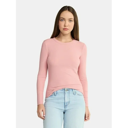 No Boundaries Crew Ribbed Tee with Long Sleeves, Women's | Walmart (US)